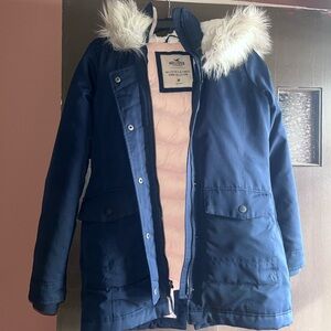 Hollister Dark Blue Jacket with Faux Fur Trim